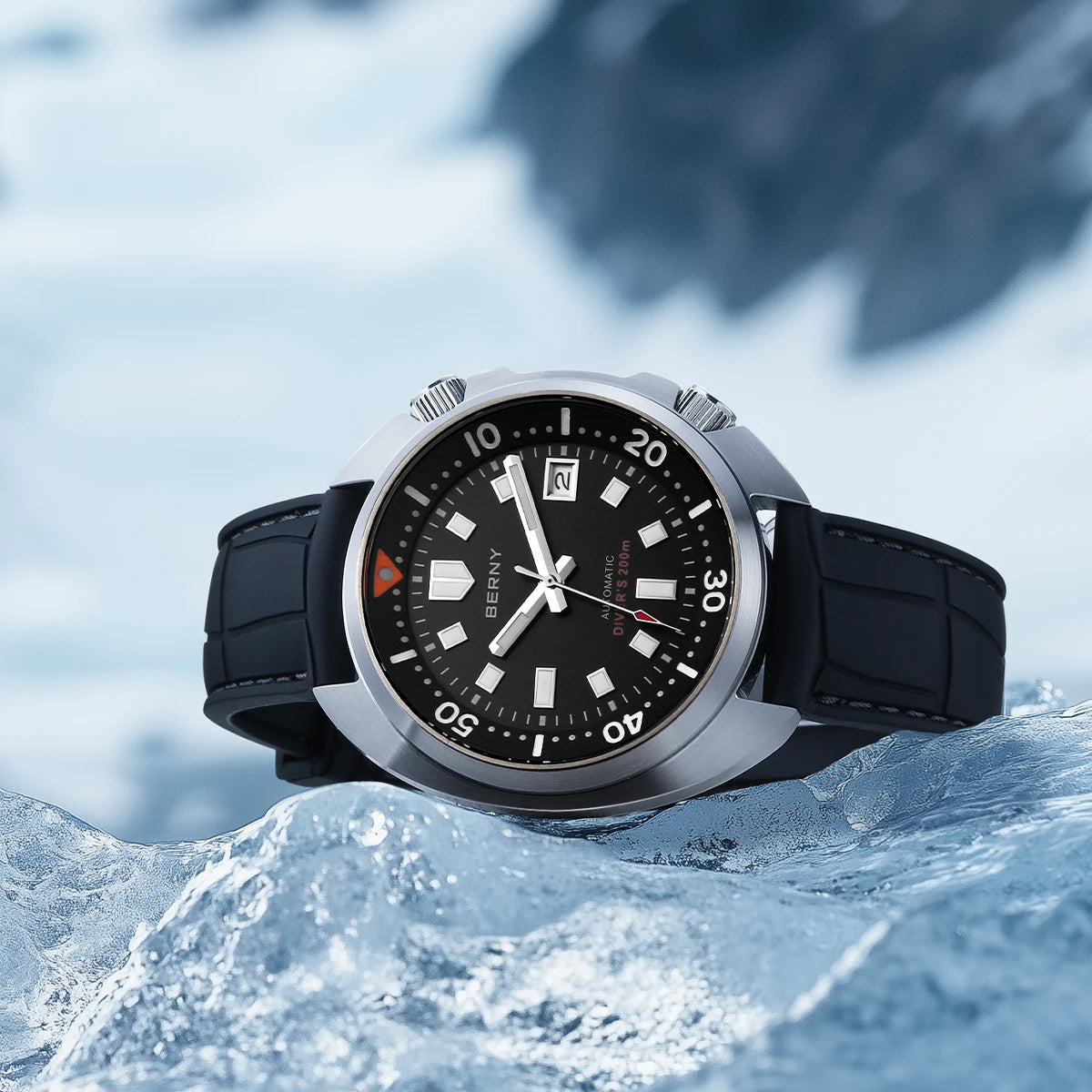 BERNY Automatic Dual Crown Diver Watch For Men Super Luminous Miyota 8215 Sapphire Swim Sport 20ATM Mechanical Men's Dive Watch