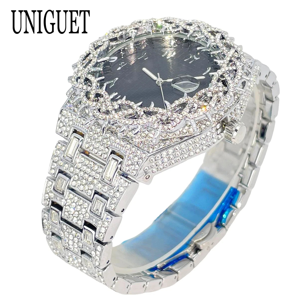 UNIGUET Luxury Full Diamond Watch For Men Fashion Hip Hop Ice Qut Bling Jewelry Quartz Wristwatch For Man Dropshipping