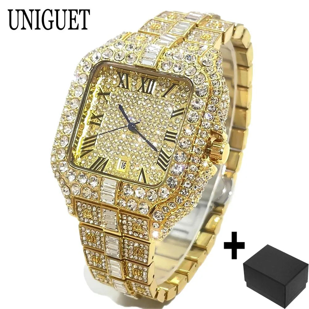 UNIGUET Fashion Diamond Watch for Men Luxury Waterproof Square Quartz Clocks Hip Hop Ice Out Jewelry Wristwatch Male Hot Sell
