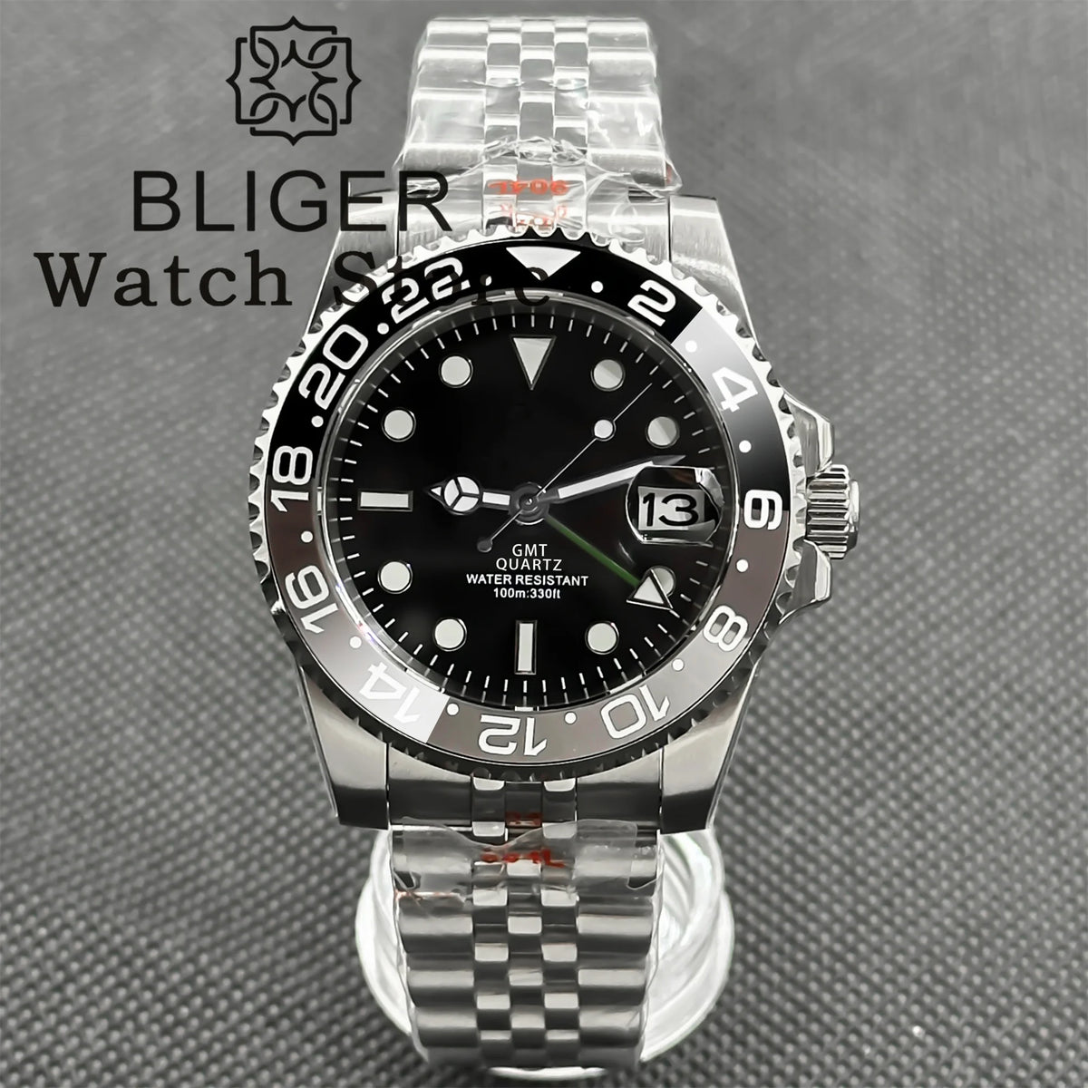BLIGER 40mm 515 24H GMT Men's Watch Stainless Steel Clasp Luminous Quartz Movement Ceramic Bezel Sapphire Glass 10Bar Waterproof