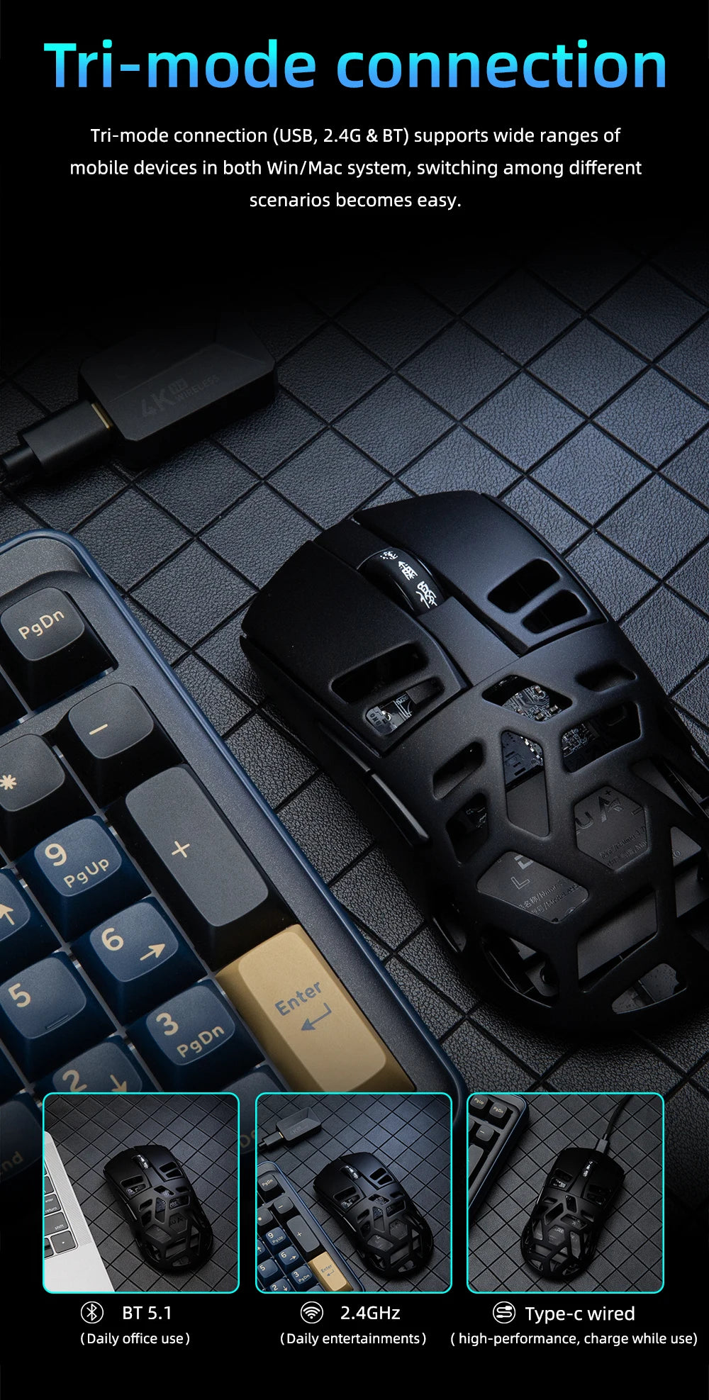 DAREU Al-mg Tri-mode 8Khz PBT Wireless Gaming Mouse Quick Charge PAW3950 30000 DPI Lightweight for PC Gamer