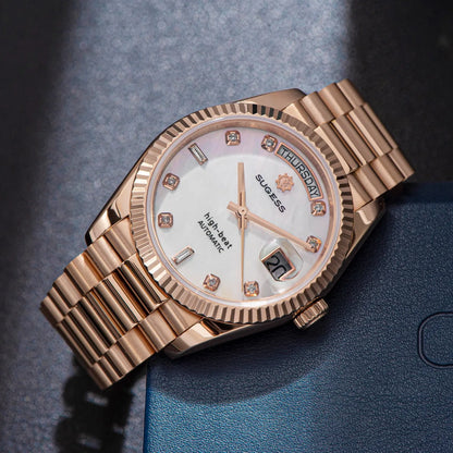 Sugess Watch of Men 36mm Date Automatic Retro Mechanical Wristwatches Sapphire Crystal RoseGold Dandong SL3034 Movement Day New