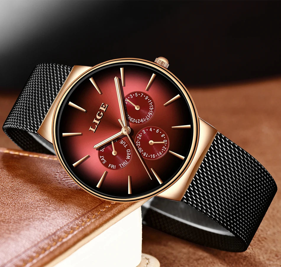 Relógio feminino LIGE, elegante e moderno – Estilo desportivo e descontraído, bracelete em malha, movimento de quartzo, indicação da data e do dia, resistente à água.