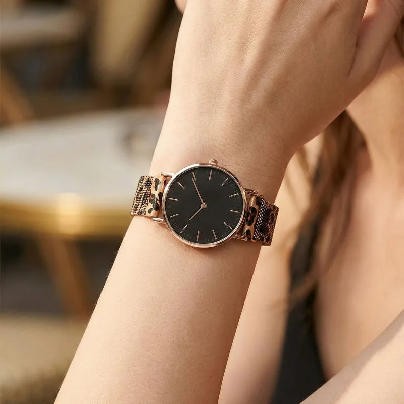 Ultra-thin Fashion Women's Watches Luxury Leopard Pattern Mesh Band Ladies Quartz Wristwatches Minimalist Female Clock Reloj