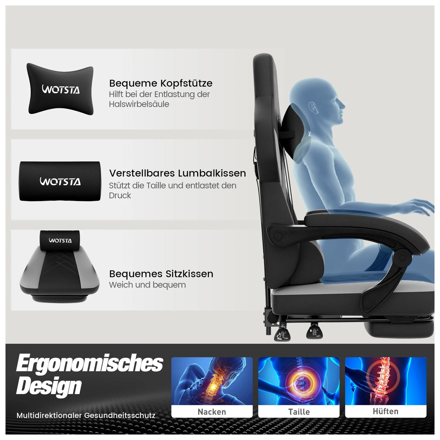 Gaming-Stuhl mit Fußstütze, ergonomischer Gamer-Stuhl mit Lendenkissen und Kopfstütze, höhenverstellbarer Computerstuhl