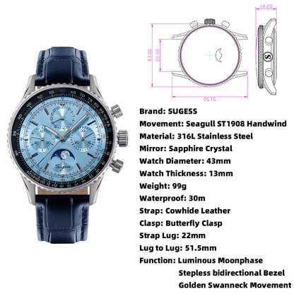 Sugess Chronograph Watch of Man ST1908 Swanneck Movement Mechanical Moonphase Wristwatches Waterproof Calendar Vintage New S468