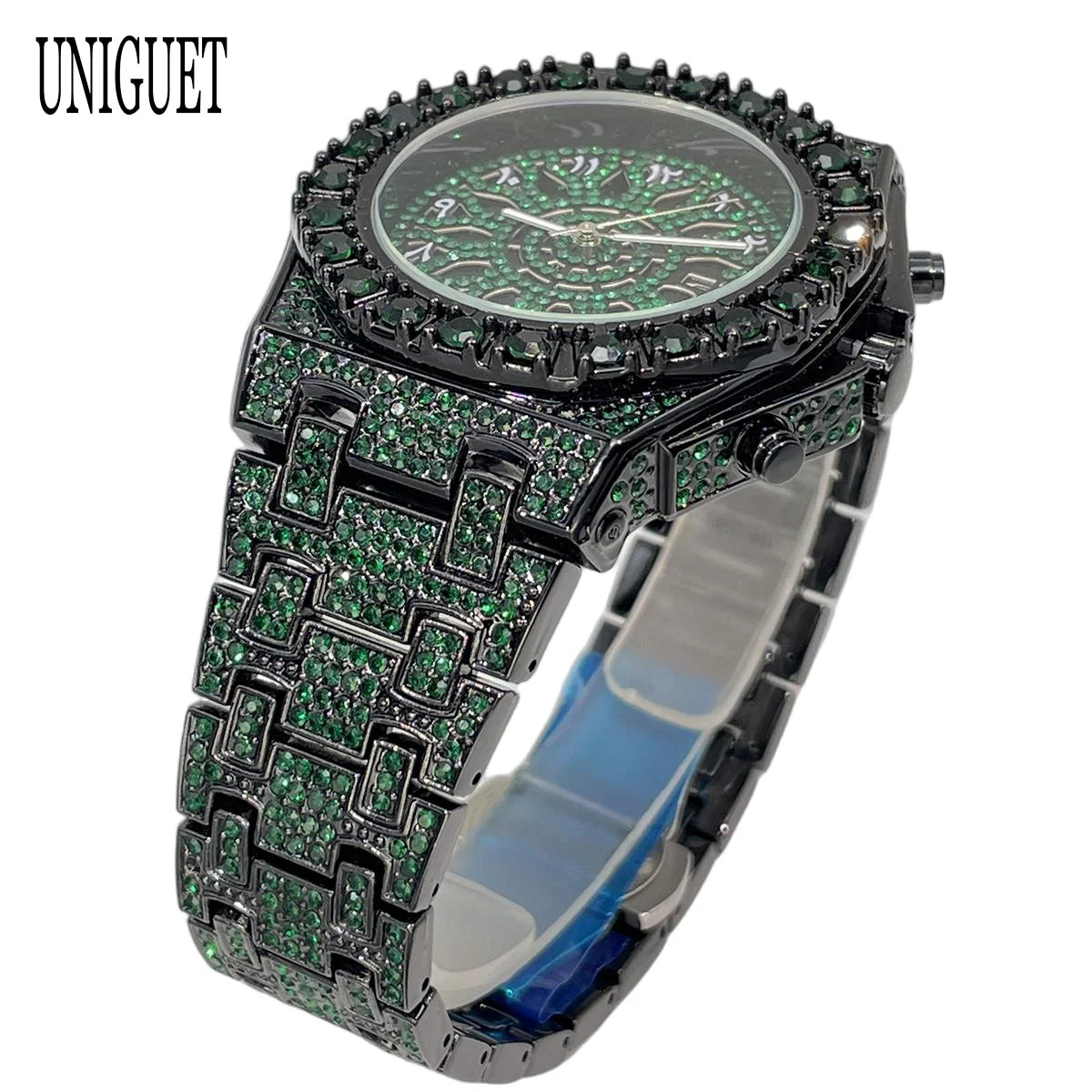 UNIGUET Hip Hop Wristwatch For Men Luxury lce Out Full Diamond Watches Fashion Green Watch Waterproof Clock Man 2026 Hot Sale
