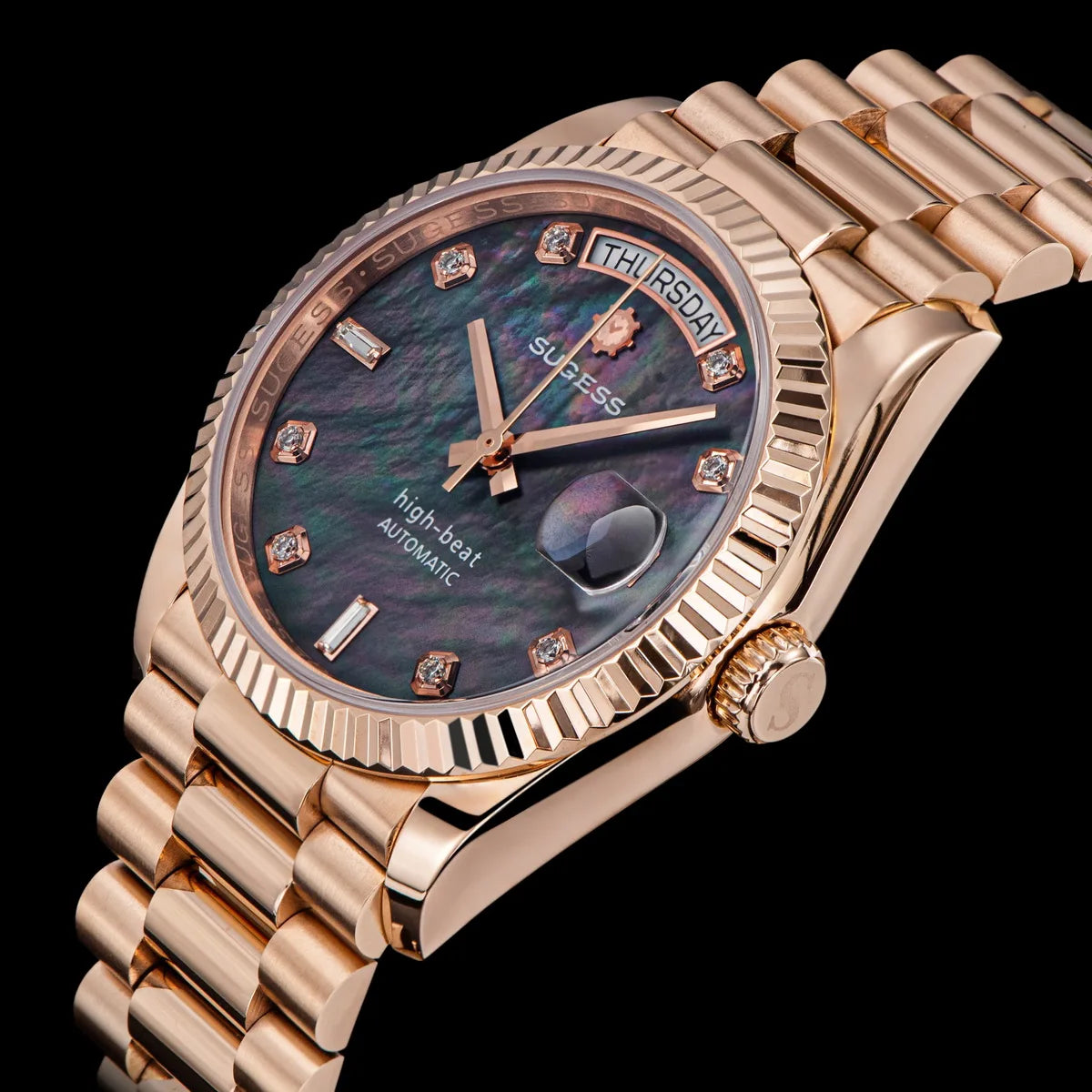 Sugess Watch of Men 36mm Date Automatic Retro Mechanical Wristwatches Sapphire Crystal RoseGold Dandong SL3034 Movement Day New