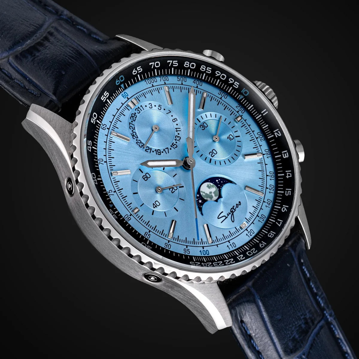 Sugess Chronograph Watch of Man ST1908 Swanneck Movement Mechanical Moonphase Wristwatches Waterproof Calendar Vintage New S468