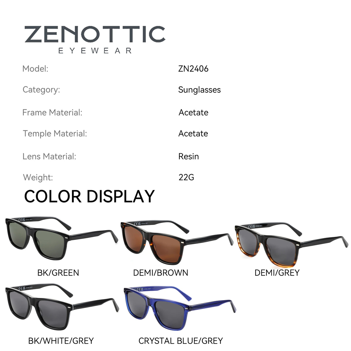ZENOTTIC Ochelari de soare polarizați la modă, protecție UV400, ochelari de soare pătrați din acetat, design clasic, pentru femei și bărbați