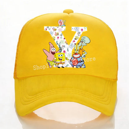 SpongeBobs Baseball Cap Kids Adult Summer Outdoor Sports Sun Hat Child Cute Letter A-Z Sunbonnet Breathable Mesh Headgear Gift