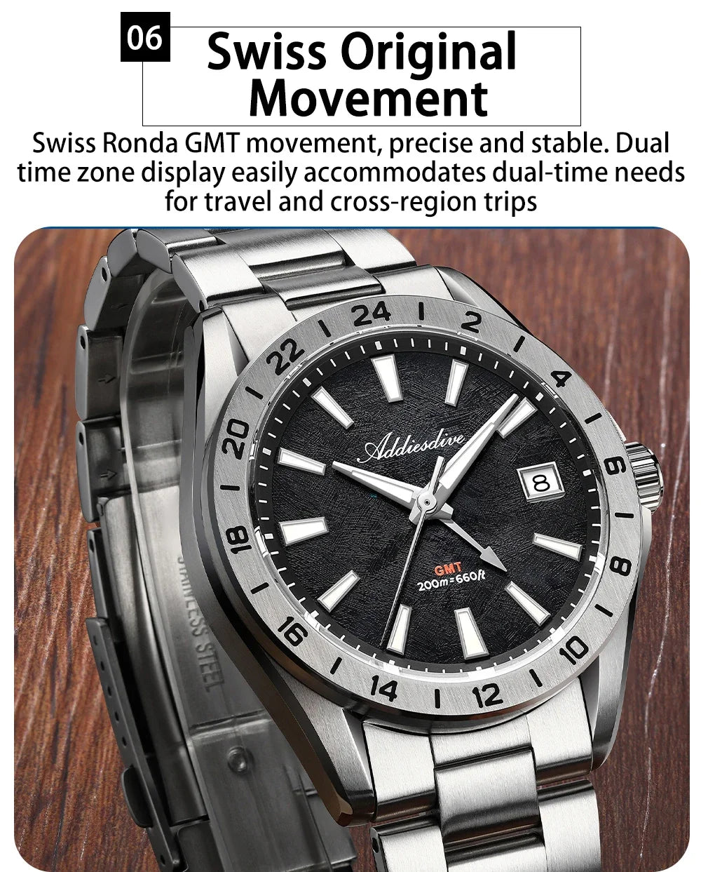 ADDIESDIVE Luxury Swiss Ronda GMT Watch 200M Water Resistant Dual Time Zone BGW9 Luminous 38mm Stainless Steel Quartz Movement