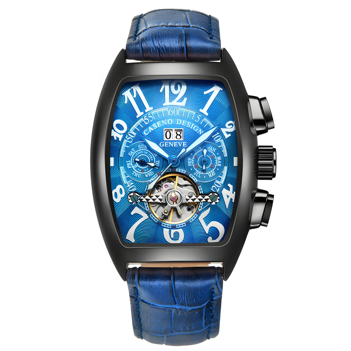 CASENO Top Luxury Brand Men's Fully Automatic Mechanical Tourbillon Watch Calendar Night Glow Tonneau Skeleton Watch -577G