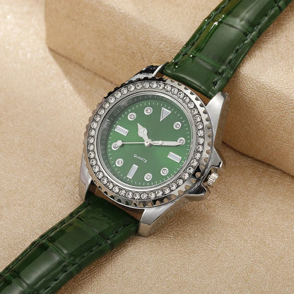 Ladies Luxury Diamond Branded Quartz Watch Fashion 2025 New Simple Green Leather Women's Dress Clock Watch DDP