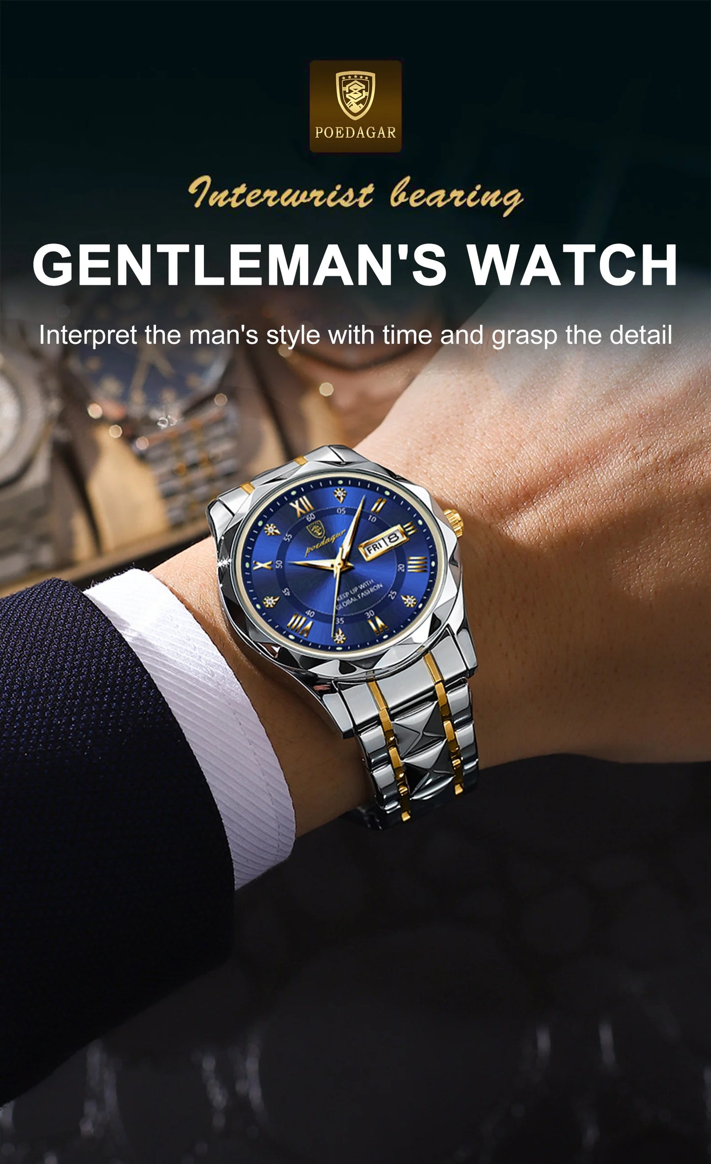 POEDAGAR Luxury Business Men's Watches Waterproof Stainless Steel Luminous Man Wristwatch Date Week Quartz Sport Men Watch Reloj