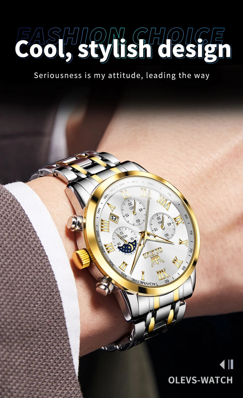 OLEVS 5529 Top-Luxusmarke Herrenuhr wasserdicht leuchtend Edelstahl Mondphase Timing Code Uhr neue Quarz-Herrenuhr