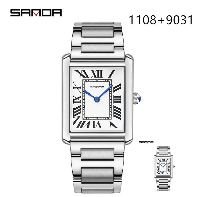 SANDA 9031/1108 Sport Casual Women Men Quartz Watches Reloj Luxury Couple Watch Resistant Leather Strap Square Dial Waterproof