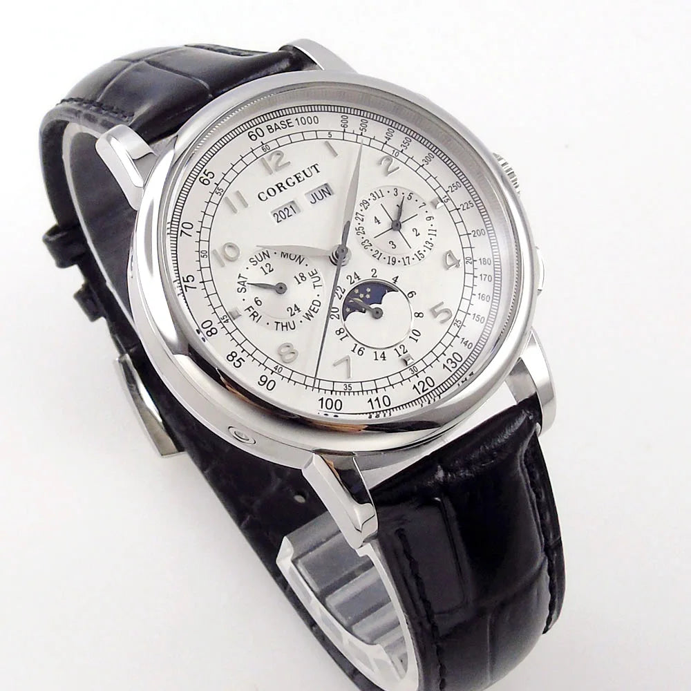 Corgeut Multi Functional Watch Automatic Mechanical Watch for Men 42mm Day Date Month Year Day/Night ST1655 Movt Polished Case