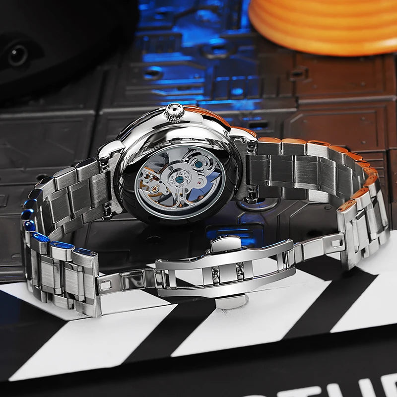 Reloj esqueleto para hombre, de estilo moderno, adornado con piedras preciosas de los colores del arcoíris y dotado de un tourbillon; reloj mecánico automático de lujo, hermético hasta 30 metros.