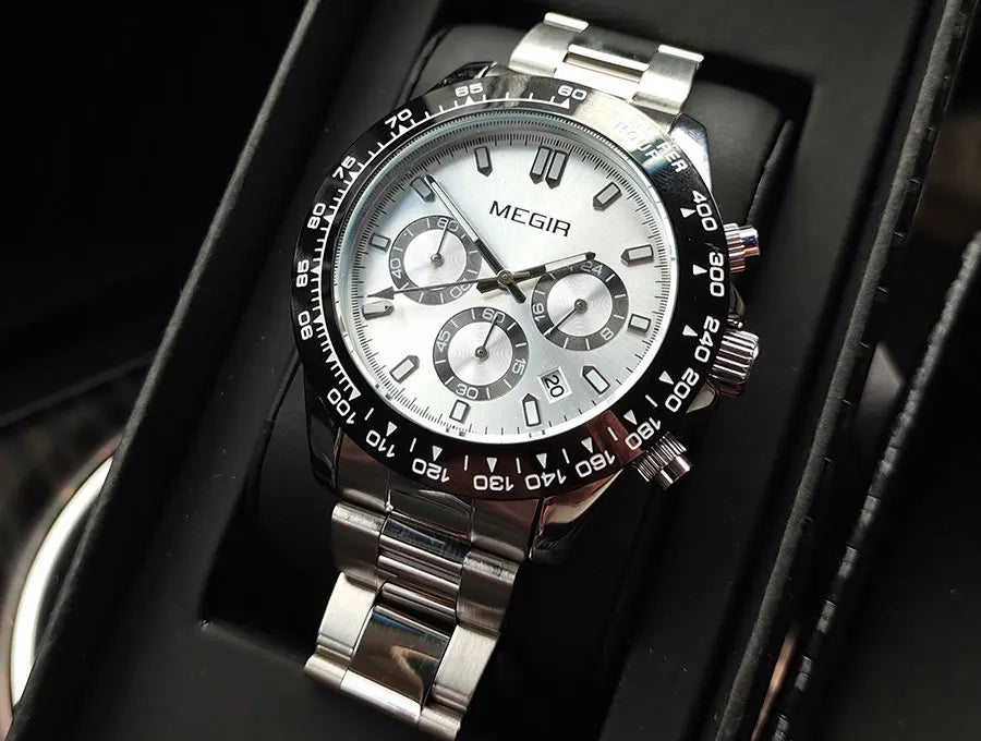 Relógio de homem MEGIR, marca de luxo, relógio desportivo de quartzo, bracelete em aço inoxidável, resistente à água, cronógrafo, relógio de pulso