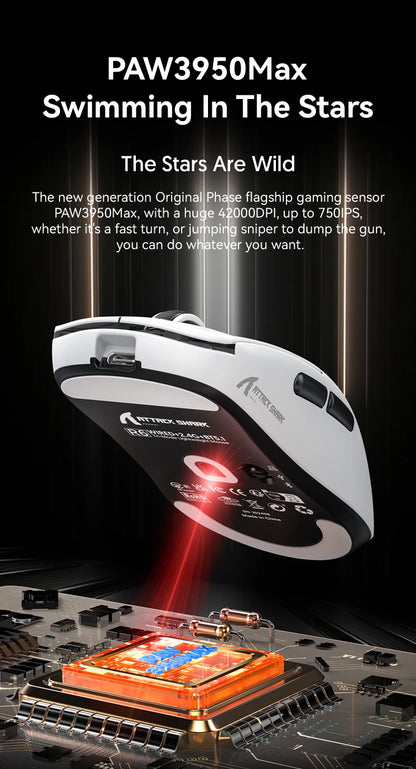 Mysz gamingowa bezprzewodowa ATTACK SHARK R6 PAW3950MAX, próbkowanie 8Khz, ultralekka 39g, Nordic 52840 MCU, optyczne mikroprzełączniki Omron
