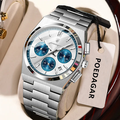 POEDAGAR Fashion Men's Wristwatch Chronograph Date Stainless Steel Quartz Man Clock Waterproof Luminous Business Watches For Men