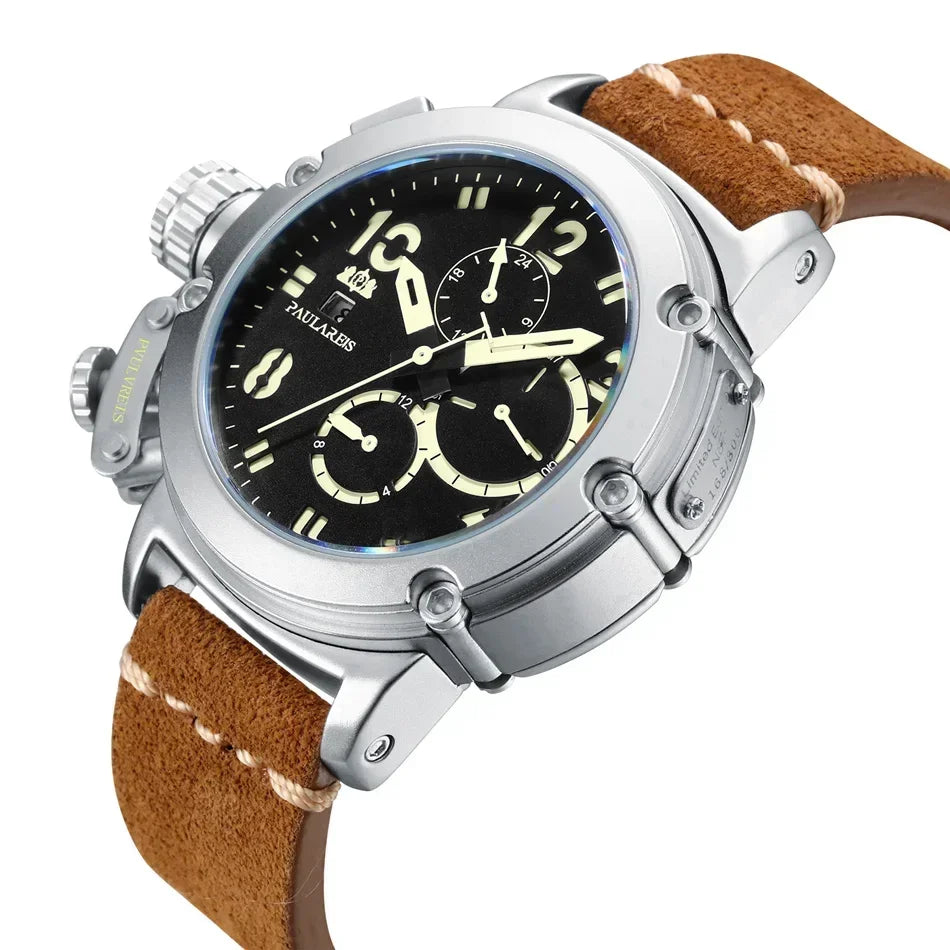 Automatic Watches for Men Mechanical Self Wind Genuine Leather Multifunction Date Boat Month Gold Bronze U Reloj Hombre Baratos