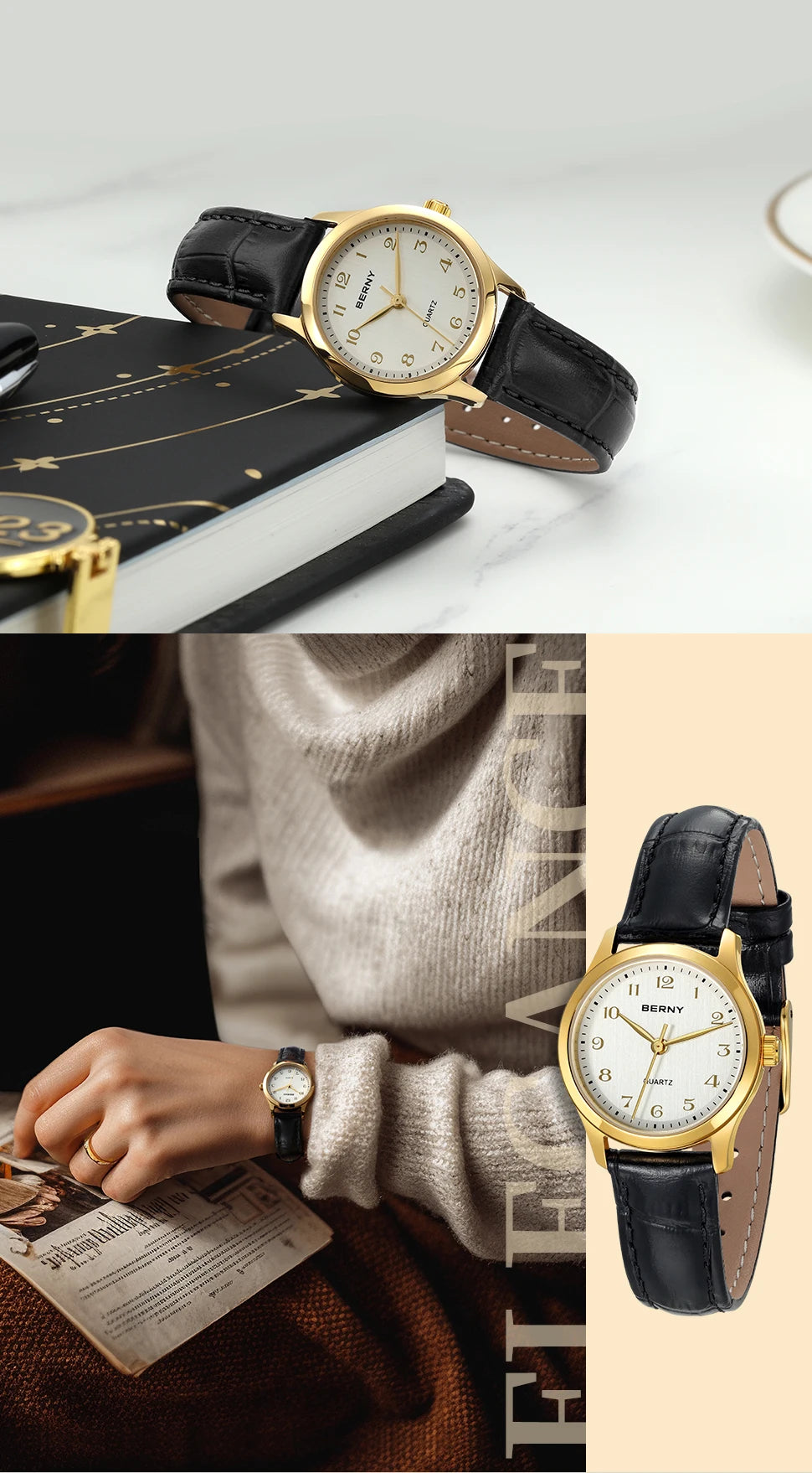 BERNY Gold Watch for Women Luxury Ladies Fashion Quartz Wristwatch Elegant Gradient Dial Multiple Scenarios Matching Lady Watch