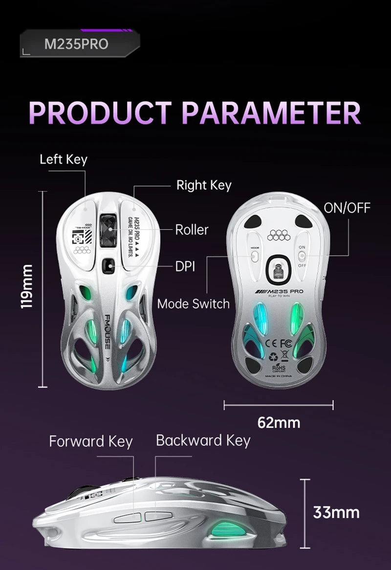 Wireless 2.4G Tri-Mode Rgb Gaming Mouse Hollow Lightweight Design With Chroma Lighting Wired Bluetooth E-Sports Mouse Controller