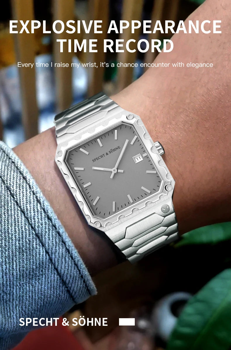 Specht & Söhne New Luxury Square 222 Watch Waterproof Male Clock Luminous Sapphire Stainless Steel Blue Men Watch Reloj Hombre