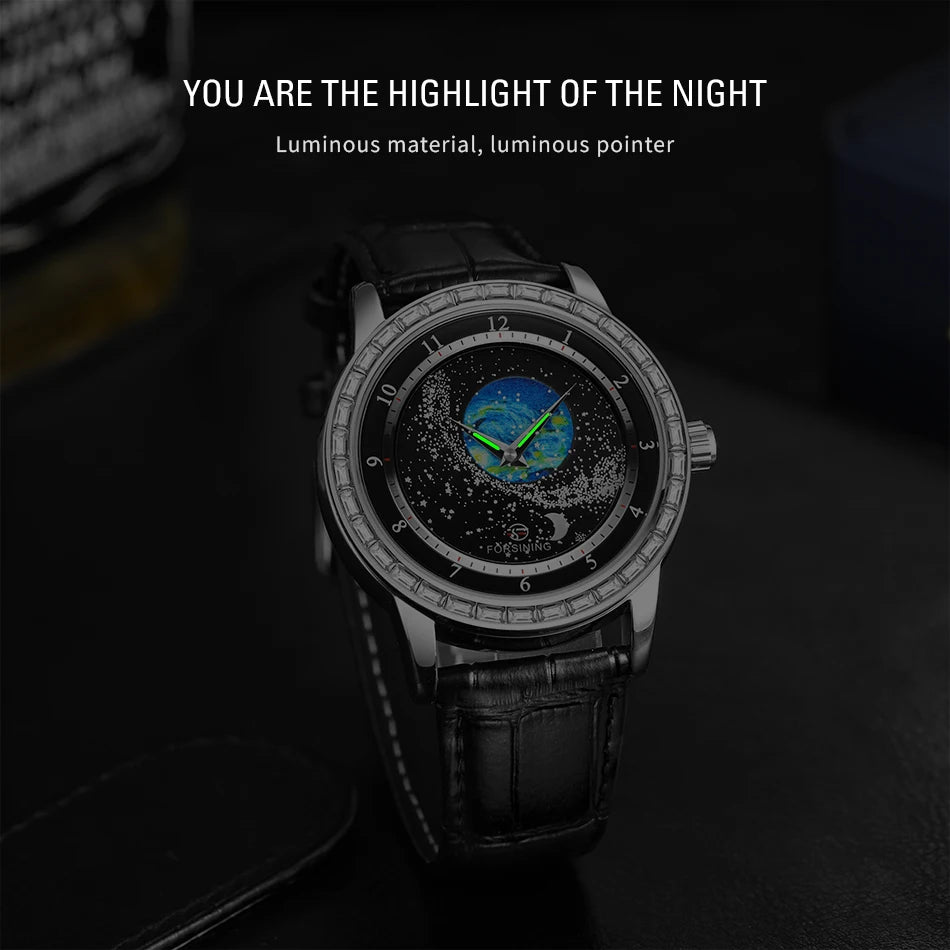 2026 FORSINING Design Earth Star Moon Set With Diamonds Genuine Belt Men Mechanical Automatic Watch Waterproof For Business