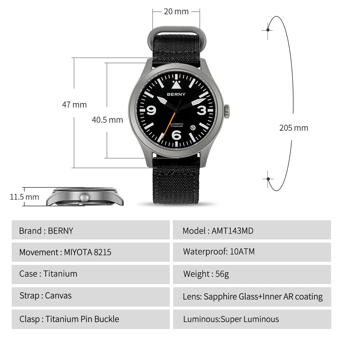 BERNY Full Titanium Automatic Watch for Men Sapphire AR Coated 10Bar Supper Luminous Men Wristwatch Sports Aviation Men Watches
