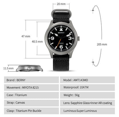 BERNY Full Titanium Automatic Watch for Men Sapphire AR Coated 10Bar Supper Luminous Men Wristwatch Sports Aviation Men Watches