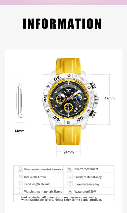 ONOLA New Fashion Casual Men's Watch Multi functional Fluorescent Tape Waterproof Quartz Military Watch Men's Clock High Quality