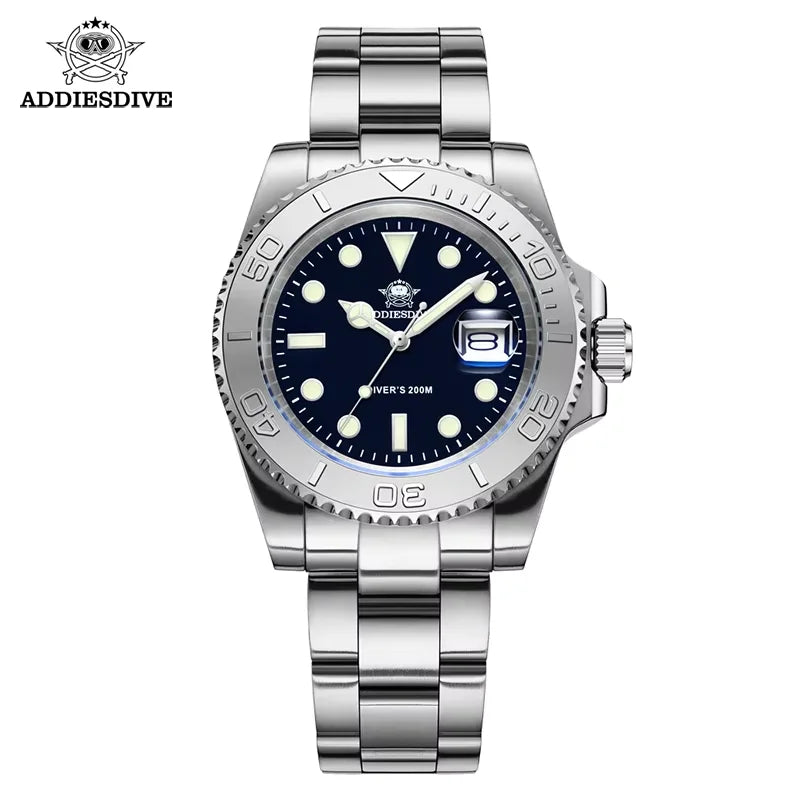 ADDIESDIVE Men's Quartz Watch 200m Waterproof Ceramic Bezel Steel Watch Magnifying Mirror Glass BGW9 Blue Luminous Diving Watch
