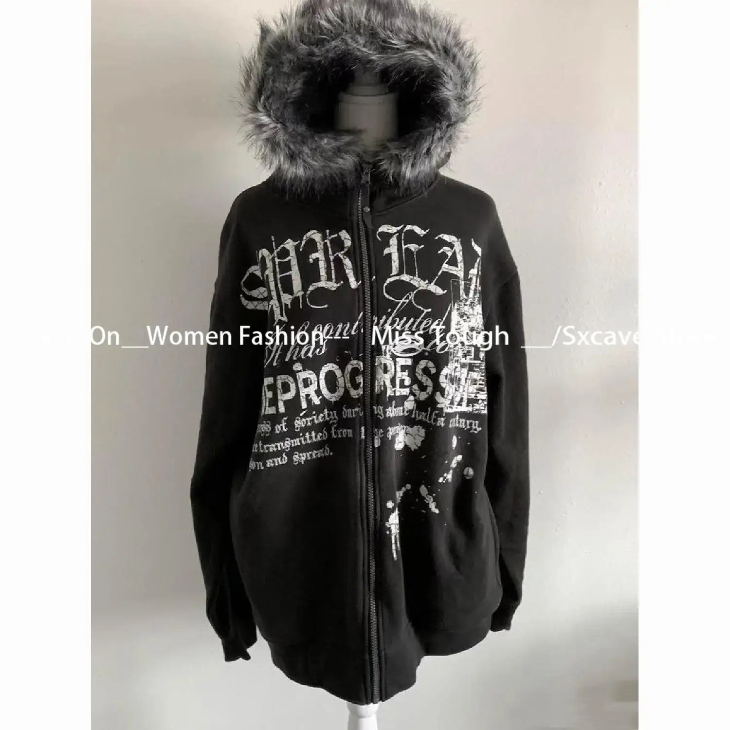 American Vintage Black Faux Fur Sweatshirts Women Letter Printed Subculture Coats with Hooded Female Gothic Harajuku Jackets Y2k, Produit gaming premium Fraquane