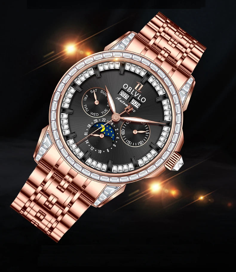 OBLVLO Men's Automatic Watch 40mm Mechanical Wristwatch 5ATM Luminous Crystal Bezel Year, Month, Week, Date, 24 Hours TY1655 Movement