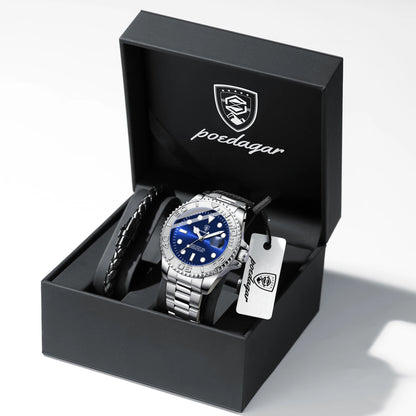 POEDAGAR Luxury Men's Watch Stainless Steel Date Quartz Fashion Watches For Man Waterproof Luminous Business Male Watch+Box Gift