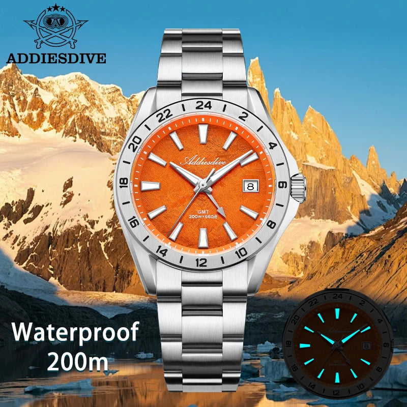 ADDIESDIVE Luxury Swiss Ronda GMT Watch 200M Water Resistant Dual Time Zone BGW9 Luminous 38mm Stainless Steel Quartz Movement