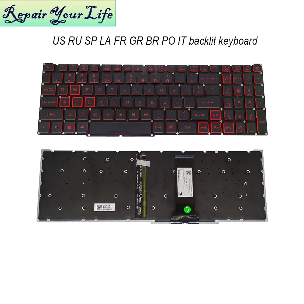 Teclado retroiluminado PT-BR Brasil US RU para Acer Nitro 5 AN515-54 AN515-43 AN517-52 AN517-51 AN517-54 AN715-51 Espanha LA IT TR GR FR
