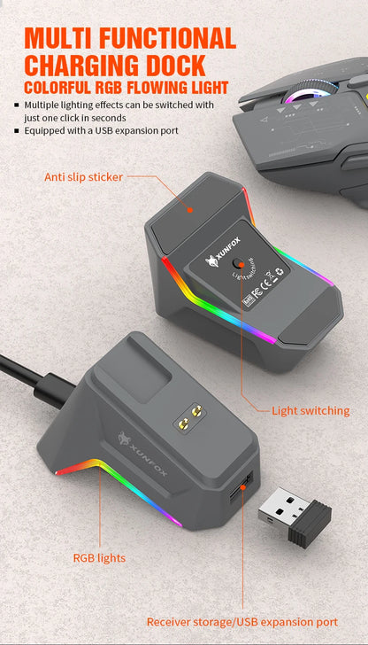 XUNSVFOX H2 Wireless Bluetooth Dual-Mode Mouse with RGB Lighting Effect for Laptop Gaming and Office, Magnetic Charging
