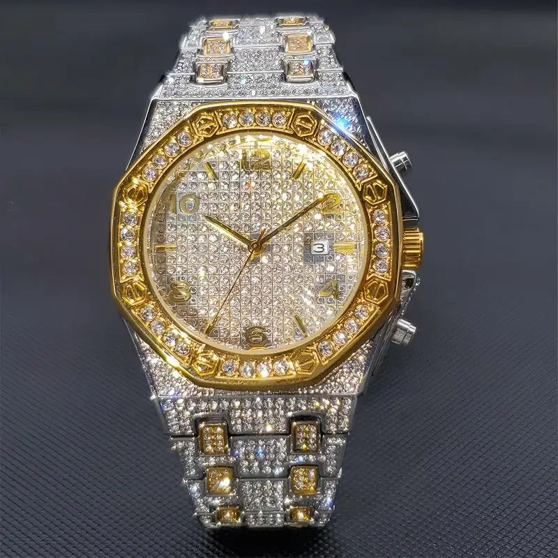 Gold Watches For Men Full Iced Diamond Men's Quartz Watch Luxury Fashion Calendar Wristwatch Dropshipping
