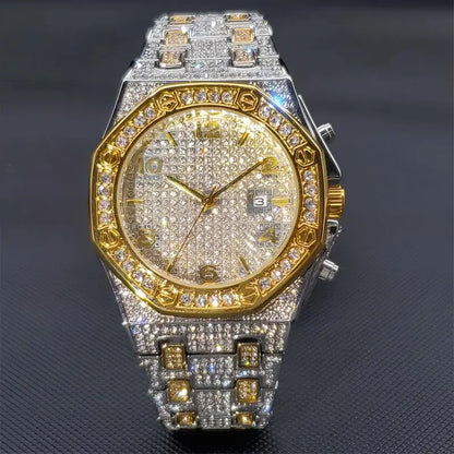 Gold Watches For Men Full Iced Diamond Men's Quartz Watch Luxury Fashion Calendar Wristwatch Dropshipping