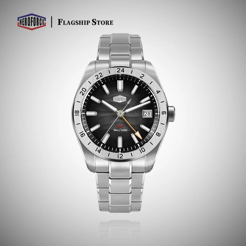 HEROFORCE Quality Original GMT Men Clock Waterproof Luminous Date Luxury Man Watch Stainless Steel Quartz Men's Watches Male