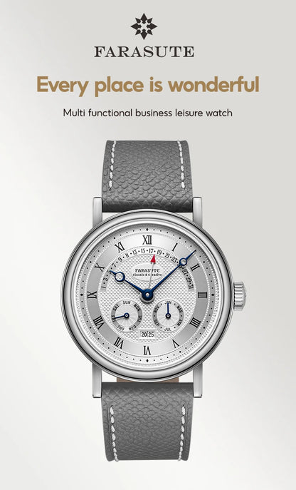 FARASUTE Men's Mechanical Watch Flyback Function Seagull Movement Month Display Week Display Calendar YearDisplay Sapphire Watch