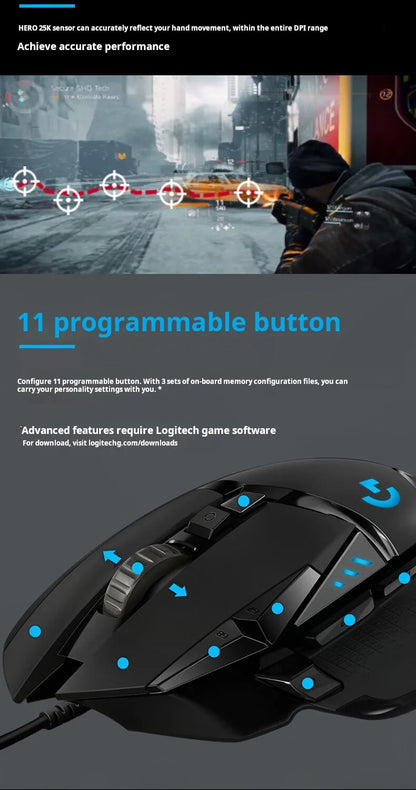 Геймърска мишка Logitech G502 HERO с кабел, e-sports, механична мишка с RGB подсветка, балансируемо тегло и програмируеми макроси за Battle Royale игри