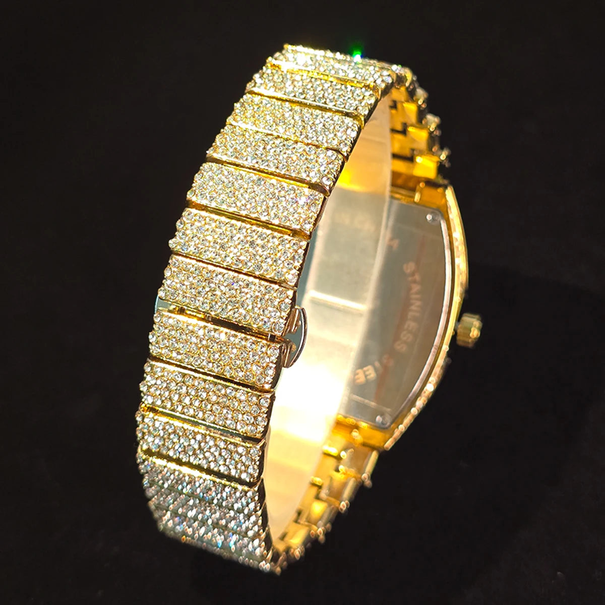 Men's Luxury Barrel-Shaped Quartz Watch With Black Iced Diamond Rainbow Number Dial Luminous Hands Watches For Man Dropshipping