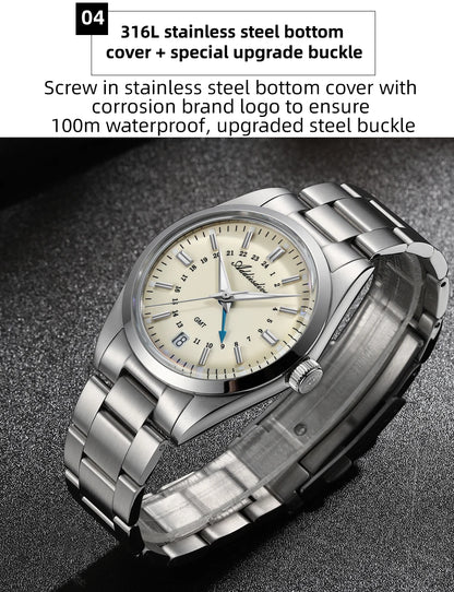 ADDIESDIVE Hot Brand 36mm Luxury GMT Watch Gift for Men 10Bar Waterproof BGW9 Super Luminous 316L Stainless Steel Quartz Watches