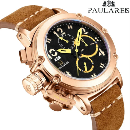 Automatic Watches for Men Mechanical Self Wind Genuine Leather Multifunction Date Boat Month Gold Bronze U Reloj Hombre Baratos