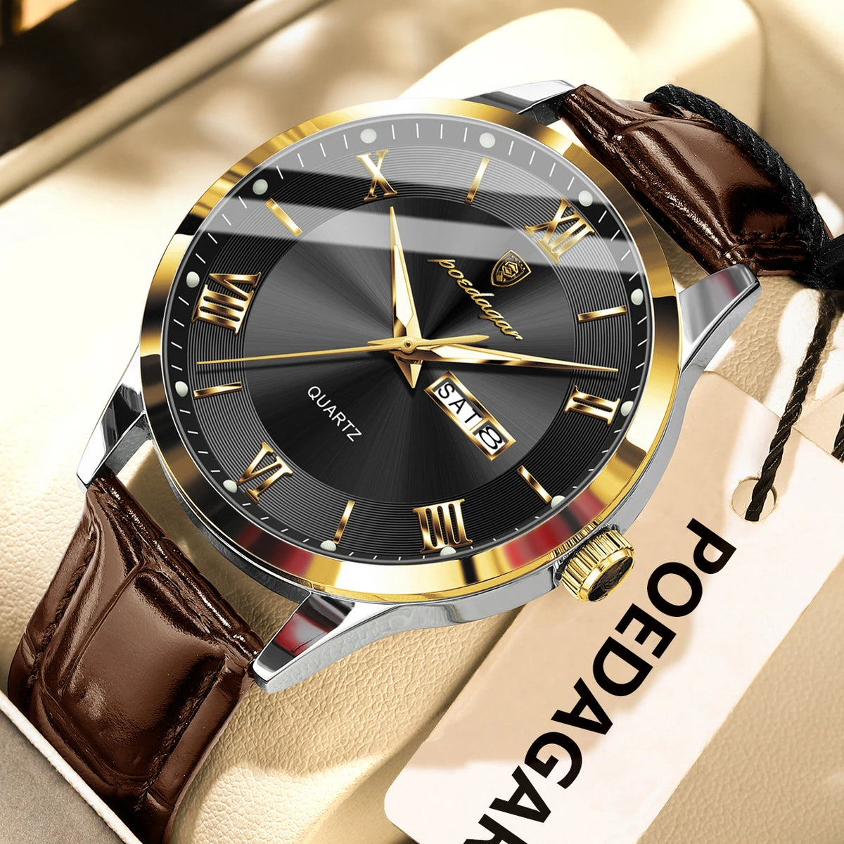 Trendige Herrenuhr von POEDAGAR, Lederarmband, Datums- und Wochentagsanzeige, luxuriöse Quarzuhr, wasserdicht, leuchtend, lässiger Business-Stil.
